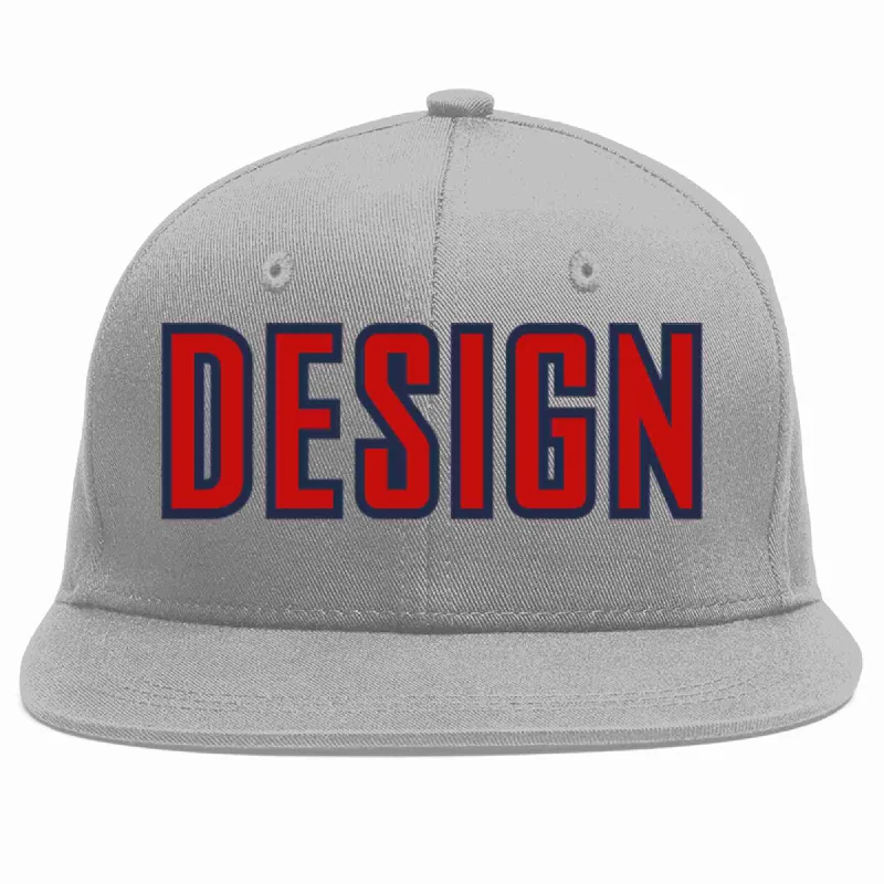 Baseball Cap For Personalized School Apparel-Custom Gray Red-Navy Flat Eaves Sport Baseball Cap Design for Men/Women/Youth