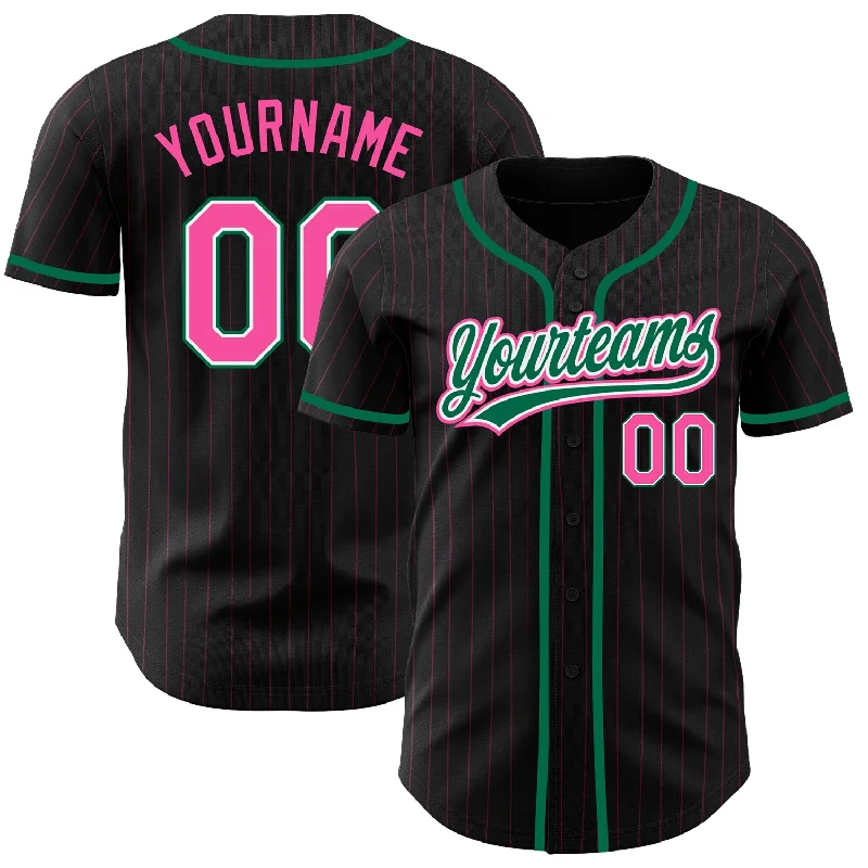 Baseball Jersey For Team Fundraising-Custom Black Pink Pinstripe Pink-Kelly Green Authentic Baseball Jersey