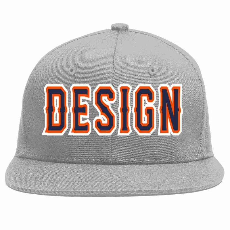 Baseball Cap With Player Name And Number-Custom Gray Navy-Orange Flat Eaves Sport Baseball Cap Design for Men/Women/Youth