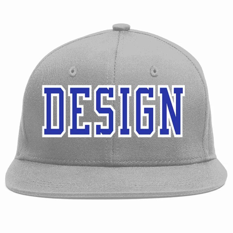 Baseball Cap For College Team Merchandise-Custom Gray Royal-White Flat Eaves Sport Baseball Cap Design for Men/Women/Youth