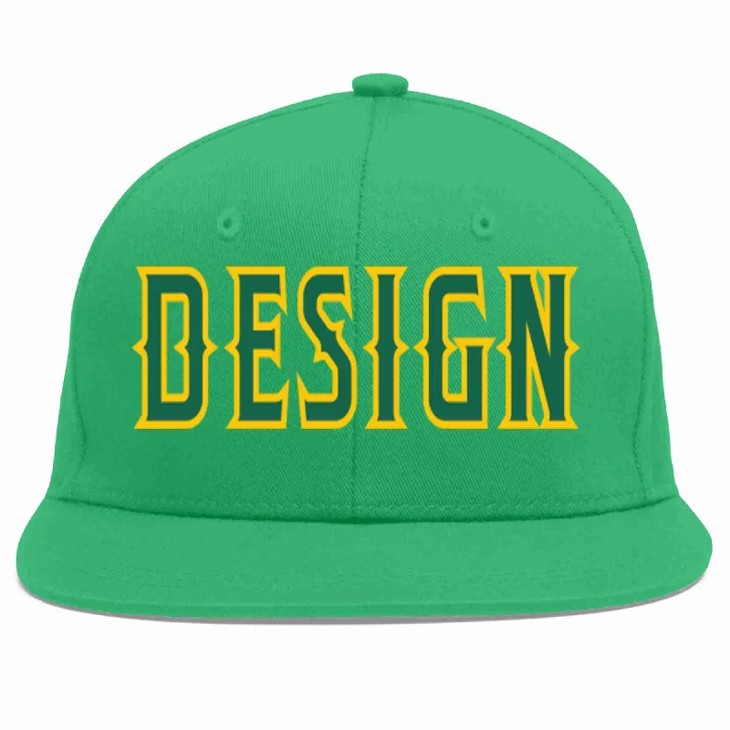 Baseball Cap For Team Logo Embroidery-Custom Teal Kelly Green-Gold Flat Eaves Sport Baseball Cap