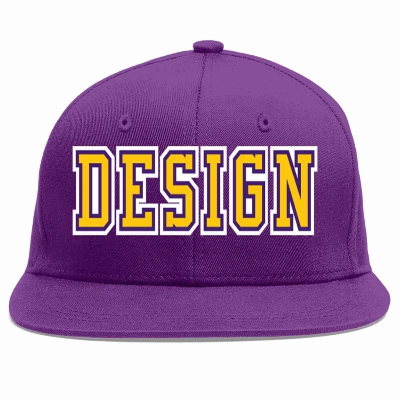 Baseball Cap With Personalized Player Numbers-Custom Purple Gold-purple Flat Eaves Sport Baseball Cap Design for Men/Women/Youth