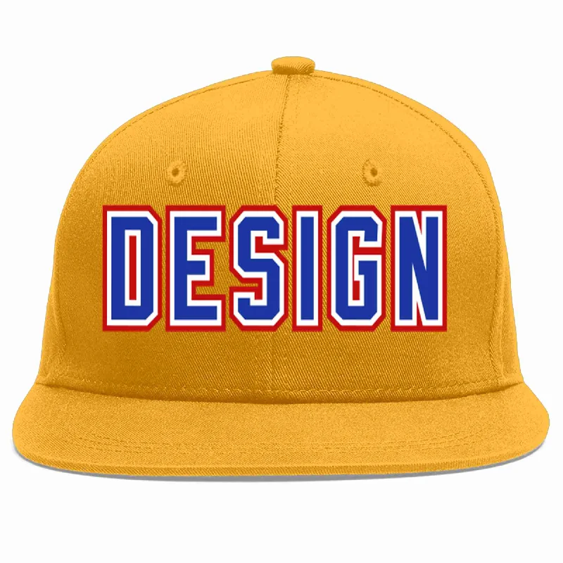 Baseball Cap For Special Event Customization-Custom Gold Royal-White Flat Eaves Sport Baseball Cap Design for Men/Women/Youth