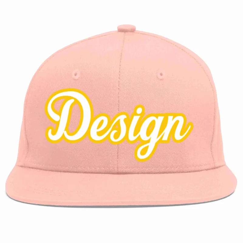 Baseball Cap For Official Team Apparel-Custom Pink White-Gold Flat Eaves Sport Baseball Cap Design for Men/Women/Youth