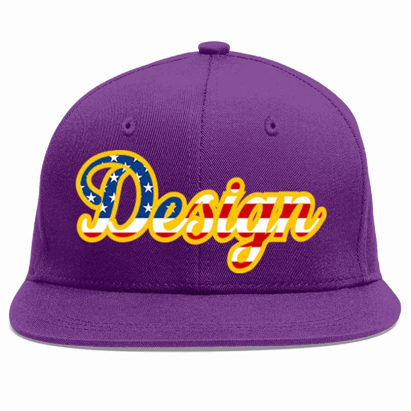 Baseball Cap For Special Edition Fan Gear-Custom Purple Vintage USA Flag-Gold Flat Eaves Sport Baseball Cap Design for Men/Women/Youth