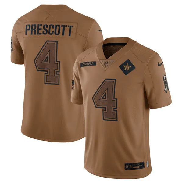 Football Jersey For Custom School Spirit Gear-Men's Dallas Cowboys #4 Dak Prescott 2023 Brown Salute To Service Limited Football Stitched Jersey