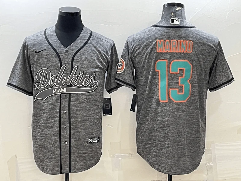 Baseball Jersey For School Team Orders-Men's Miami Dolphins #13 Dan Marino Grey Gridiron With Patch Cool Base Stitched Baseball Jersey