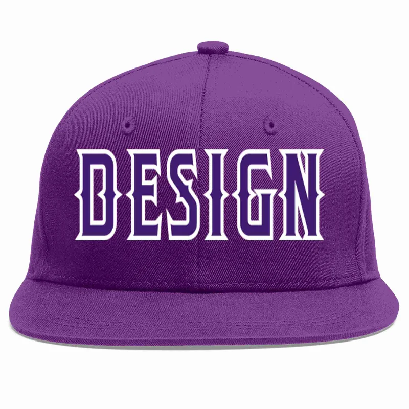 Baseball Cap For High School Fans-Custom Purple purple-White Flat Eaves Sport Baseball Cap Design for Men/Women/Youth