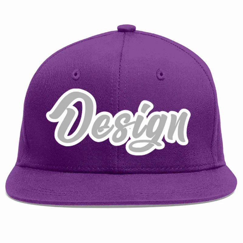 Baseball Cap For College Fan Orders-Custom Purple Gray-White Flat Eaves Sport Baseball Cap Design for Men/Women/Youth