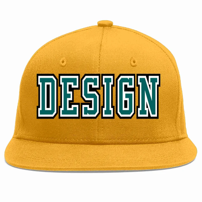 Baseball Cap With Custom Graphics-Custom Gold Aqua-White Flat Eaves Sport Baseball Cap Design for Men/Women/Youth