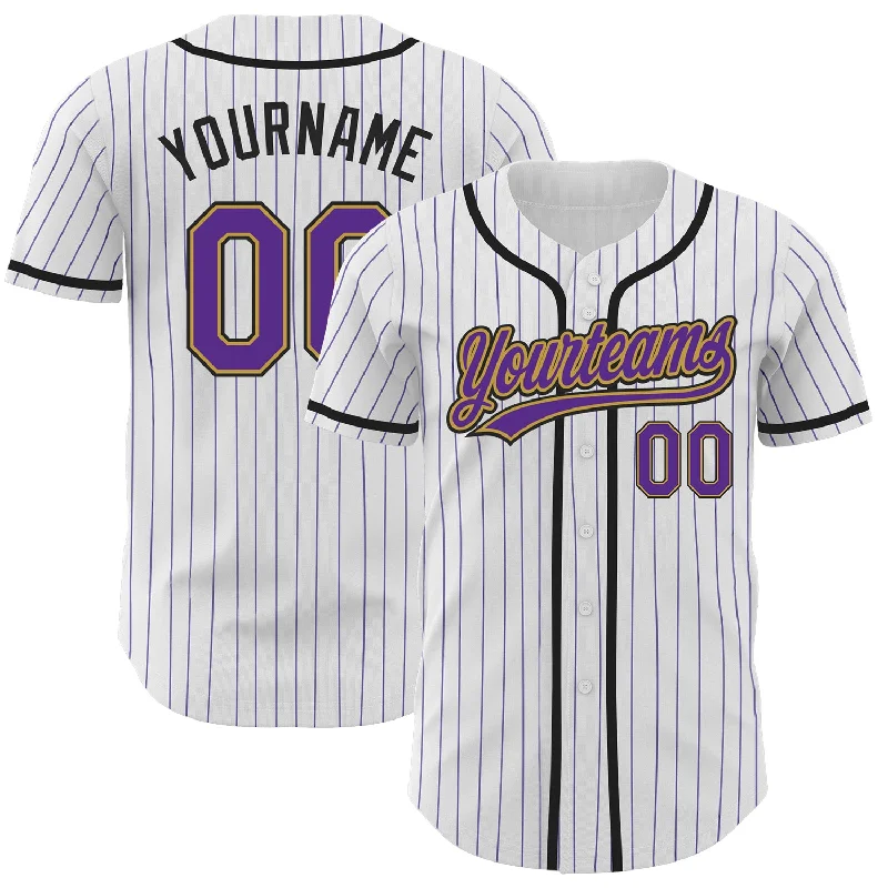 Baseball Jersey For Youth Team Apparel-Custom White Purple Pinstripe Purple Old Gold-Black Authentic Baseball Jersey