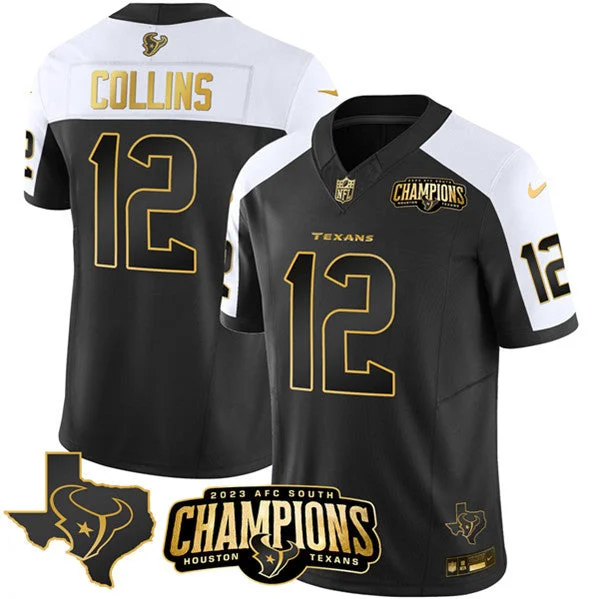 Football Jersey For Special Edition Team Orders-Men's Houston Texans #12 Nico Collins Black/White Golden 2023 F.U.S.E. With AFC South Champions Patch And Team Logo Patch Limited Football Stitched Jersey