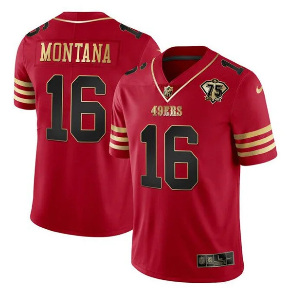 Football Jersey For Team Recognition-Men's San Francisco 49ers #16 Joe Montana Red Gold With 75th Anniversary Patch Football Stitched Jersey