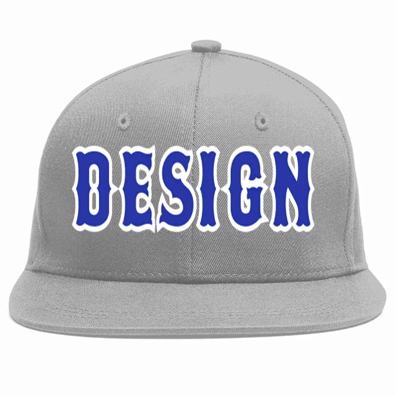 Baseball Cap For Personalized Game Day Gear-Custom Gray Royal-White Flat Eaves Sport Baseball Cap Design for Men/Women/Youth