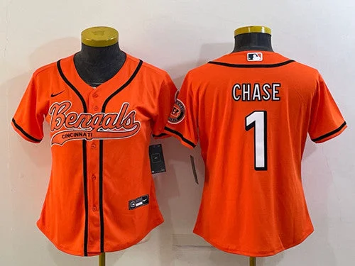 Baseball Jersey For Youth Teams-Women's Cincinnati Bengals #1 Ja'Marr Chase Orange With Patch Cool Base Stitched Baseball Jersey(Run Small)