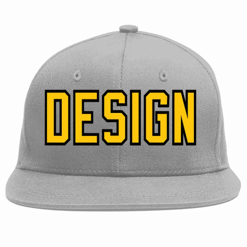 Baseball Cap For Summer Events-Custom Gray Gold-Black Flat Eaves Sport Baseball Cap Design for Men/Women/Youth