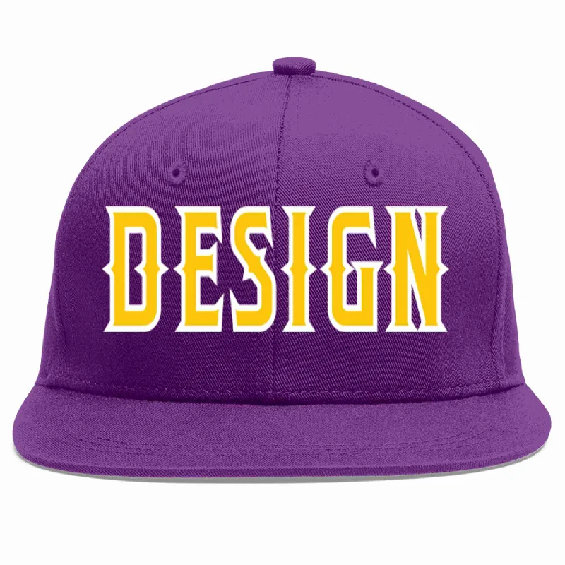 Baseball Cap With Custom Logo And Text-Custom Purple Gold-White Flat Eaves Sport Baseball Cap Design for Men/Women/Youth