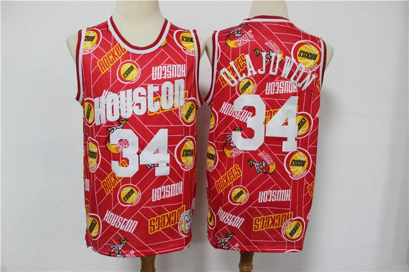 Basketball Jersey For Softball Fan Gear-Rockets 34 Hakeem Olajuwon Red Hardwood Classics Tear Up Pack Swingman Basketball Jersey