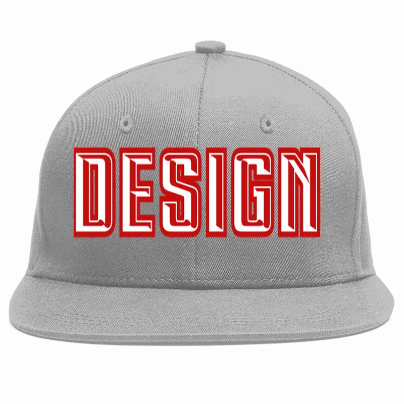 Baseball Cap For Custom Event Merchandise-Custom Gray White-Red Flat Eaves Sport Baseball Cap Design for Men/Women/Youth