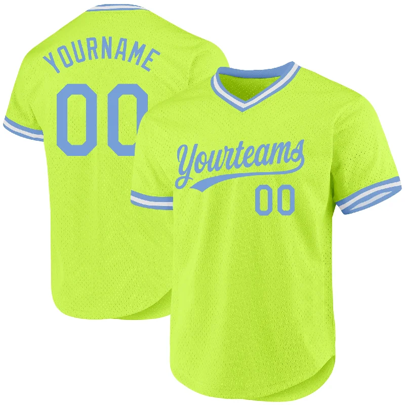 Baseball Jersey For Official Merchandise-Custom Neon Green Light Blue-White Authentic Throwback Baseball Jersey