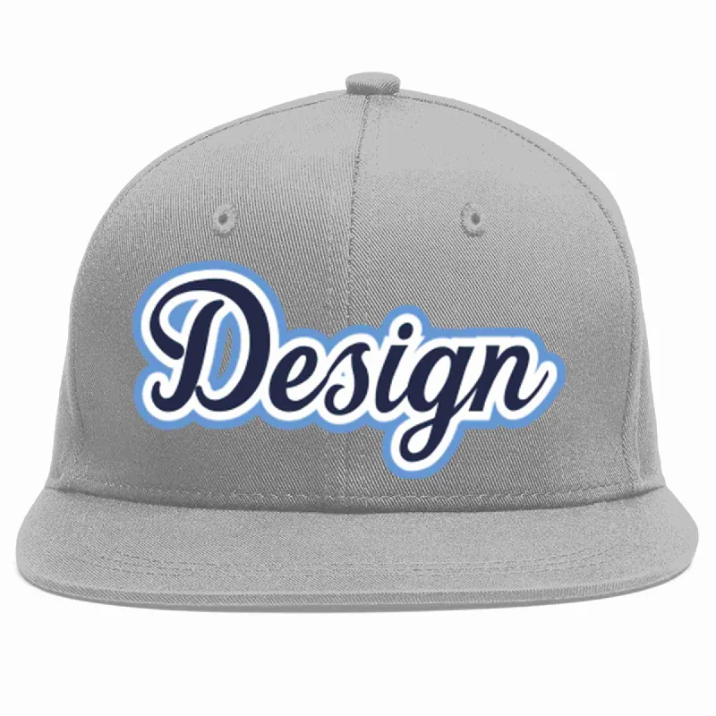 Baseball Cap With Custom Team Graphics-Custom Gray Navy-White Flat Eaves Sport Baseball Cap Design for Men/Women/Youth