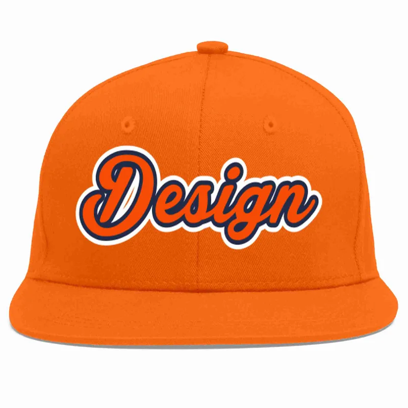 Baseball Cap For Youth League Merchandise-Custom Orange Orange-Navy Flat Eaves Sport Baseball Cap Design for Men/Women/Youth