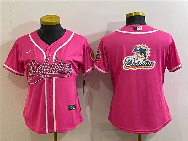 Baseball Jersey For Custom Event Team Orders-Women's Miami Dolphins Pink Team Big Logo With Patch Cool Base Stitched Baseball Jersey(Run Small)