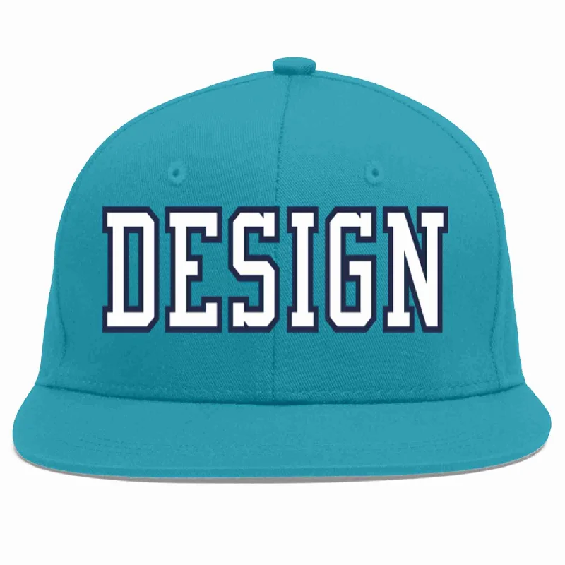 Baseball Cap For Custom Fan Gear-Custom Aqua White-Navy Flat Eaves Sport Baseball Cap Design for Men/Women/Youth