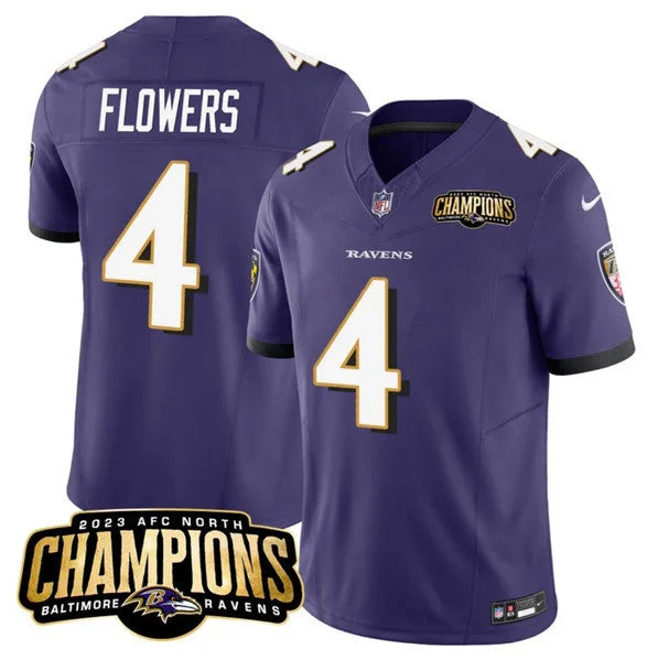 Football Jersey For Softball Teams-Men's Baltimore Ravens #4 Zay Flowers Purple 2023 F.U.S.E. AFC North Champions Vapor Limited Football Stitched Jersey