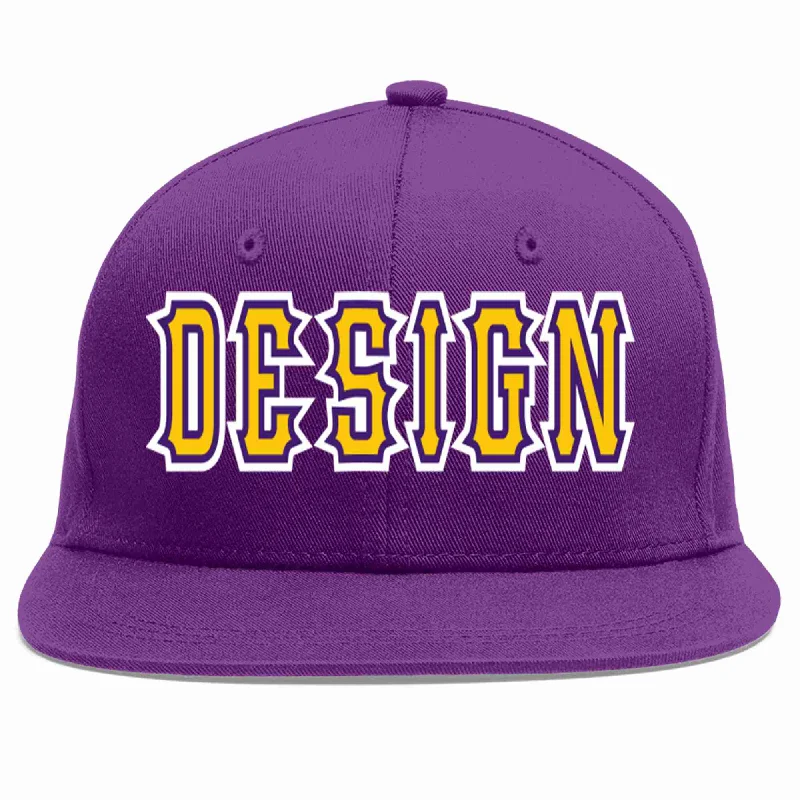 Baseball Cap With Personalized Fan Gear-Custom Purple Gold-purple Flat Eaves Sport Baseball Cap Design for Men/Women/Youth