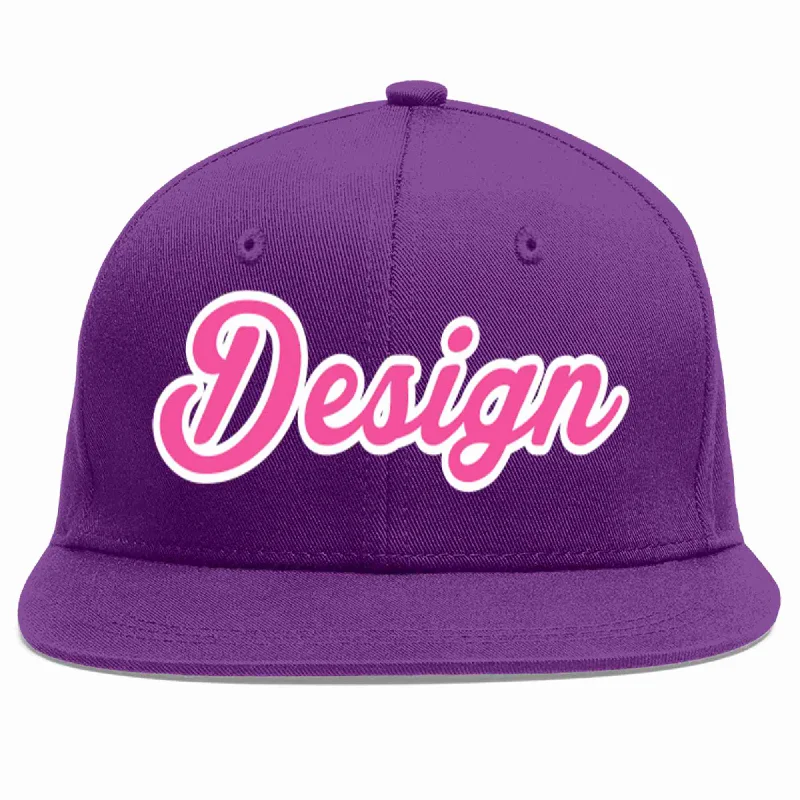 Baseball Cap For Softball Fan Customization-Custom Purple Pink-White Flat Eaves Sport Baseball Cap Design for Men/Women/Youth