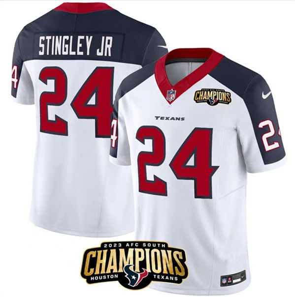 Football Jersey For Fan Apparel-Men's Houston Texans #24 Derek Stingley Jr. White/Navy 2023 F.U.S.E. With AFC South Champions Patch And Team Logo Patch Limited Football Stitched Jersey