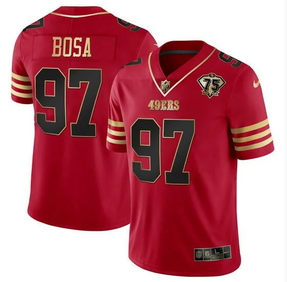 Football Jersey For Softball Game Day Merchandise-Men's San Francisco 49ers #97 Nick Bosa Red Gold With 75th Anniversary Patch Football Stitched Jersey