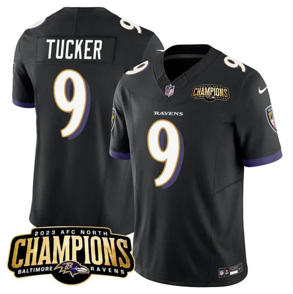 Football Jersey For Custom Player Awards-Men's Baltimore Ravens #9 Justin Tucker Black 2023 F.U.S.E. AFC North Champions Vapor Limited Football Stitched Jersey