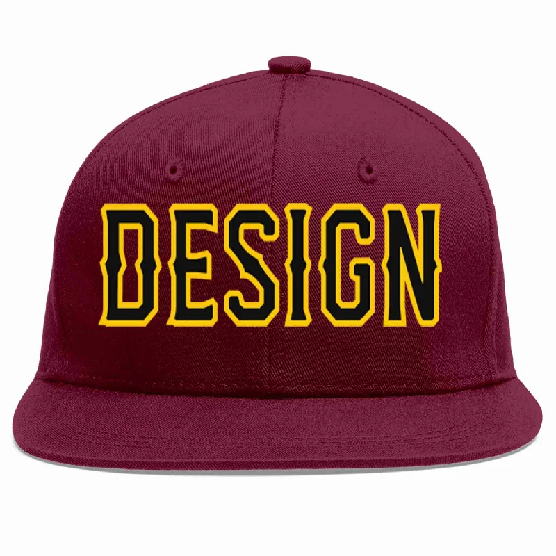 Baseball Cap For Custom Sports Equipment-Custom Crimson Black-Gold Flat Eaves Sport Baseball Cap Design for Men/Women/Youth