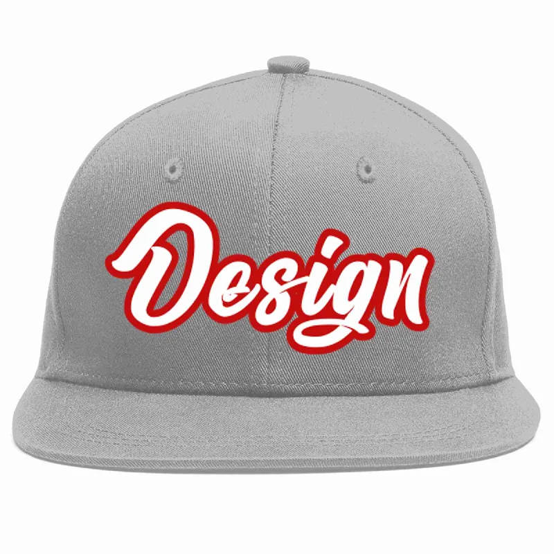 Baseball Cap For Youth Teams-Custom Gray White-Red Flat Eaves Sport Baseball Cap Design for Men/Women/Youth