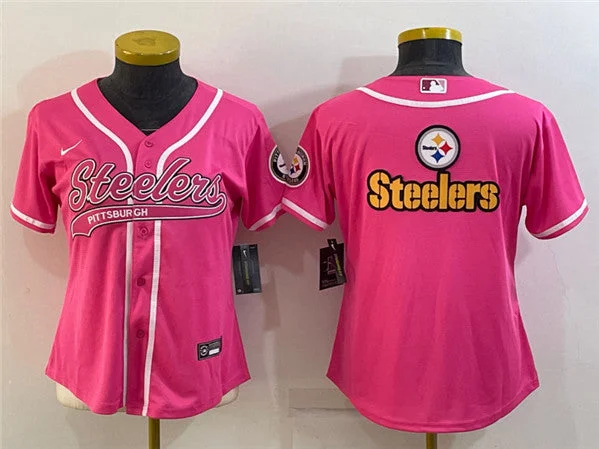 Baseball Jersey For Fan Gear Fundraising-Women's Pittsburgh Steelers Pink Team Big Logo With Patch Cool Base Stitched Baseball Jersey(Run Small)