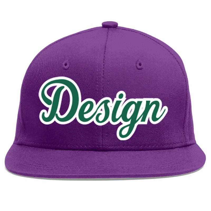 Baseball Cap For Custom Sports Equipment-Custom Purple Kelly Green-White Flat Eaves Sport Baseball Cap Design for Men/Women/Youth