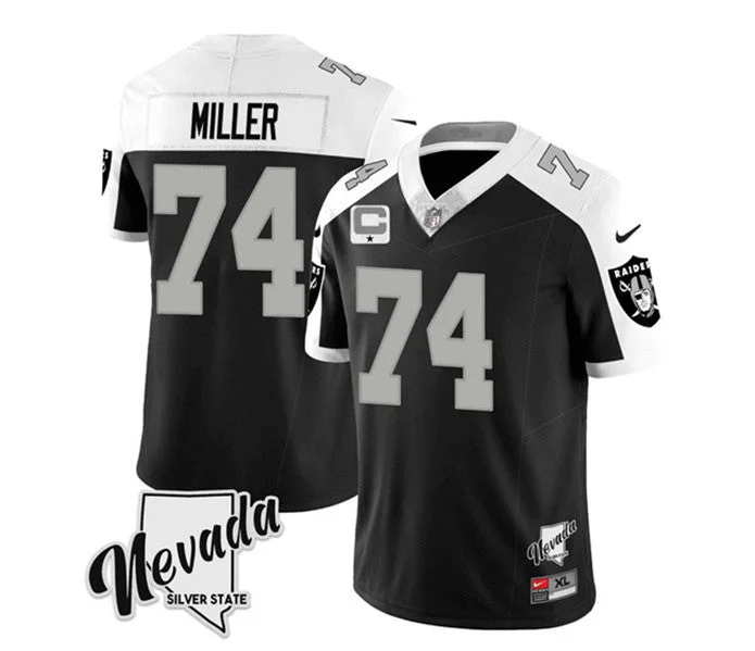 Football Jersey For Fan Gifts-Men's Las Vegas Raiders #74 Kolton Miller Black/White 2023 F.U.S.E Nevada Silver Stat With 4-Star C patch Football Stitched Jersey