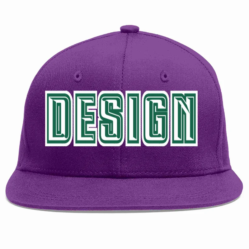 Baseball Cap For Custom Embroidered Team Names-Custom Purple White-Kelly Green Flat Eaves Sport Baseball Cap Design for Men/Women/Youth