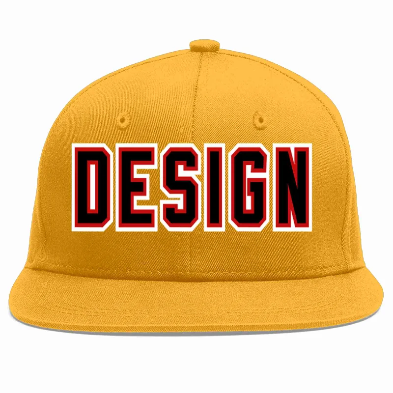 Baseball Cap For High School Fans-Custom Gold Black-Red Flat Eaves Sport Baseball Cap Design for Men/Women/Youth