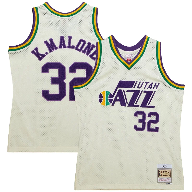 Basketball Jersey For Youth Team Fan Gear-Karl Malone Utah Jazz Chainstitch Swingman Basketball Jersey - Cream