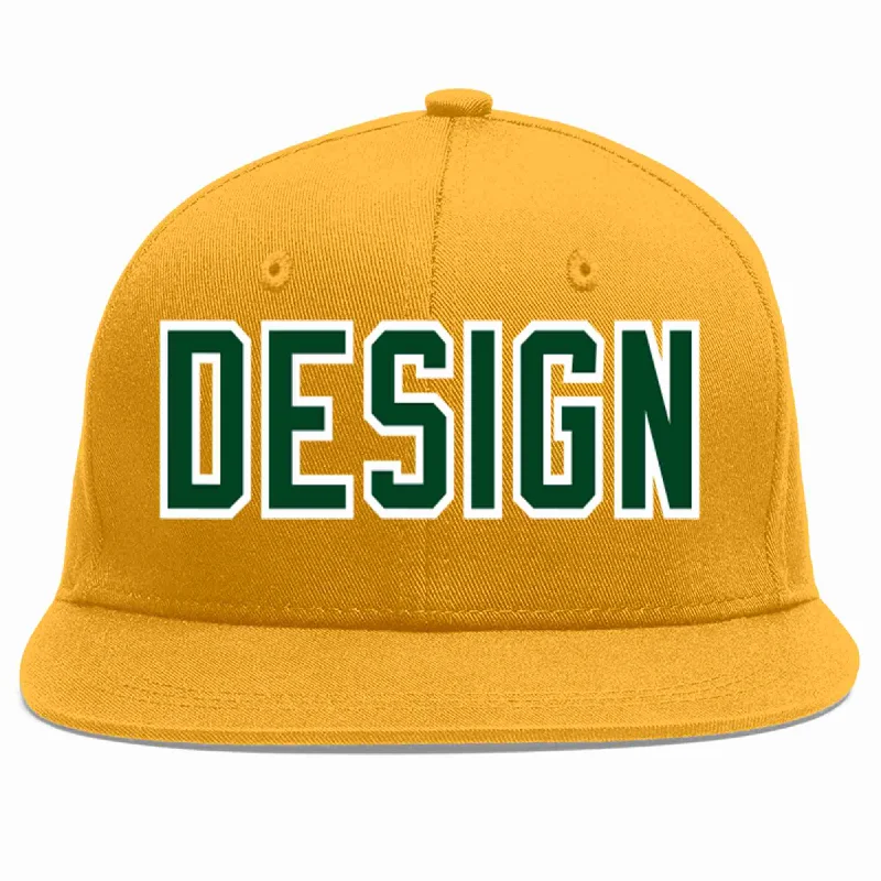 Baseball Cap For Family And Friends Gifts-Custom Gold Green-White Flat Eaves Sport Baseball Cap Design for Men/Women/Youth