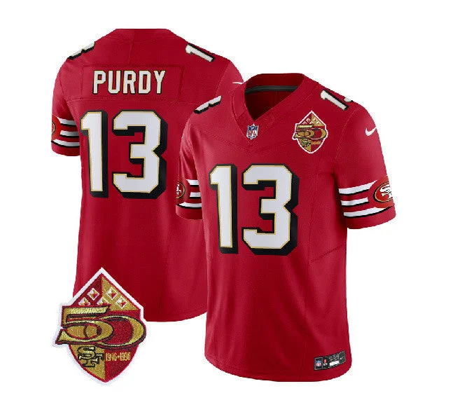 Football Jersey For Softball Custom Orders-Men's San Francisco 49ers #13 Brock Purdy Red 2023 F.U.S.E. 50th Patch Throwback Football Stitched Jersey