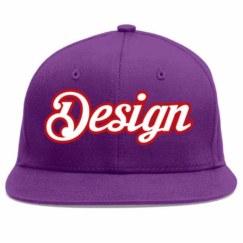 Baseball Cap With Personalized Player Numbers-Custom Purple White-Red Flat Eaves Sport Baseball Cap Design for Men/Women/Youth