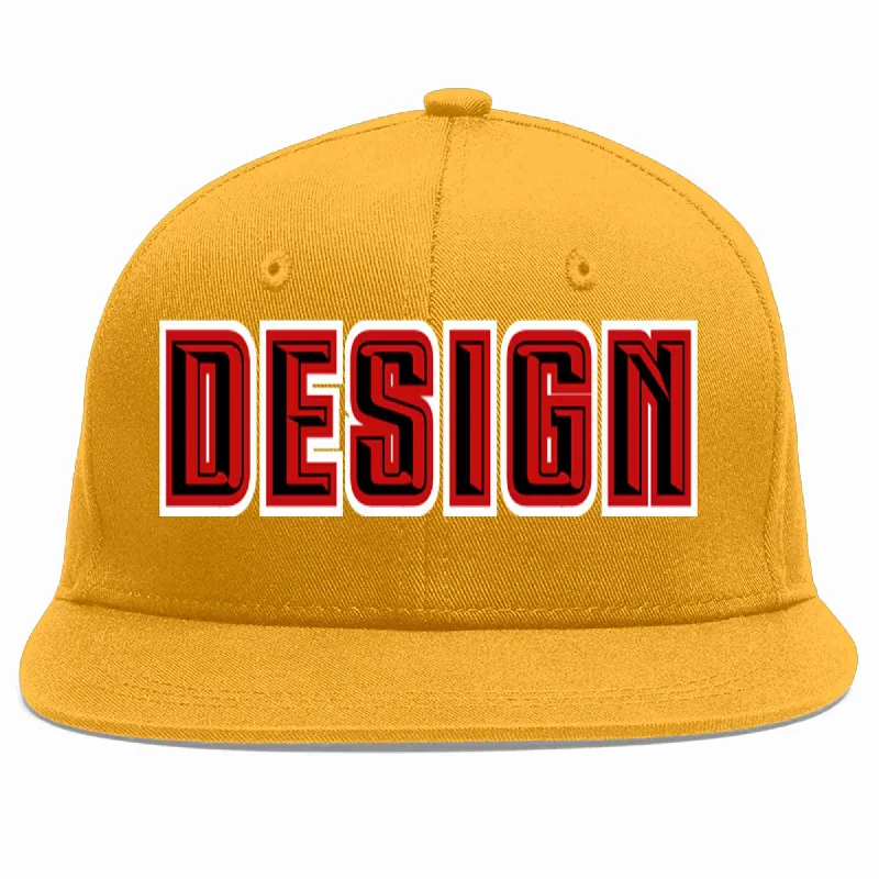 Baseball Cap With Custom Logo And Text-Custom Gold Black-Red Flat Eaves Sport Baseball Cap Design for Men/Women/Youth