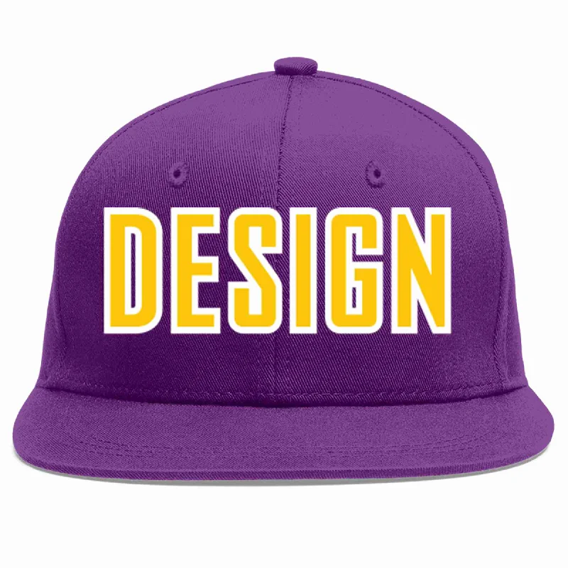 Baseball Cap For Casual Wear-Custom Purple Gold-White Flat Eaves Sport Baseball Cap Design for Men/Women/Youth