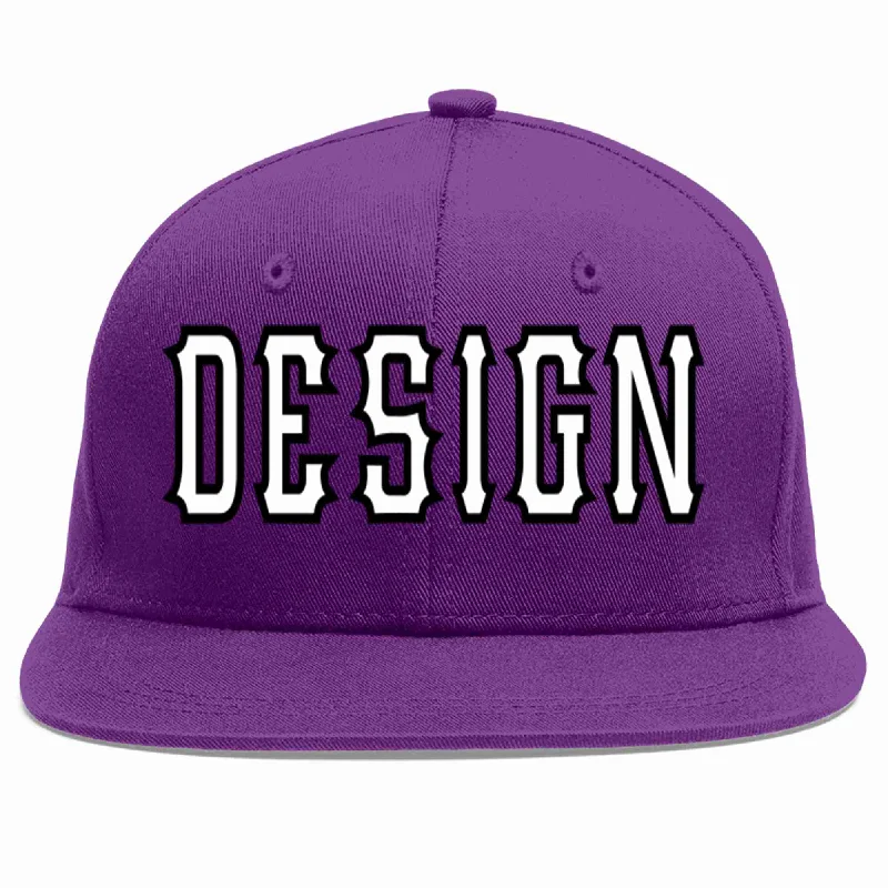 Baseball Cap For Custom Fan Merchandise Orders-Custom Purple White-Black Flat Eaves Sport Baseball Cap Design for Men/Women/Youth