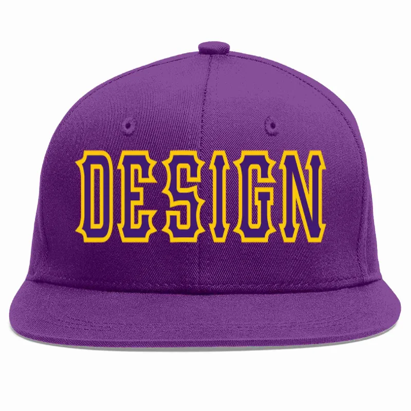 Baseball Cap For High School Customization-Custom Purple purple-Gold Flat Eaves Sport Baseball Cap Design for Men/Women/Youth