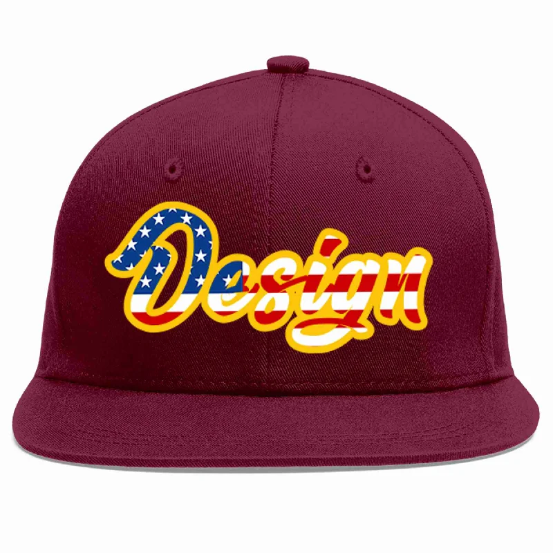 Baseball Cap With Custom Patches And Logos-Custom Crimson Vintage USA Flag-Gold Flat Eaves Sport Baseball Cap Design for Men/Women/Youth